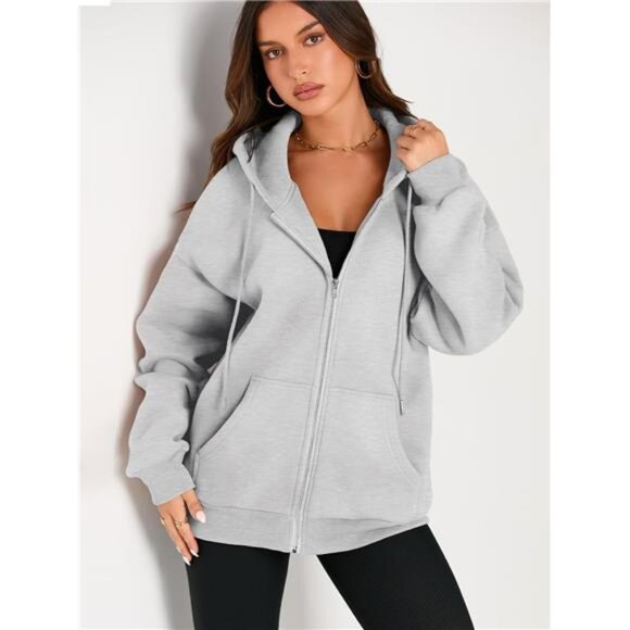 Women's Oversized Drawstring Zip-Up Hoodie Fall Jacket with Pocket - Picture 5 of 7